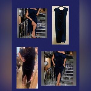 Velvet One-Shoulder Midi Dress in Deep Navy